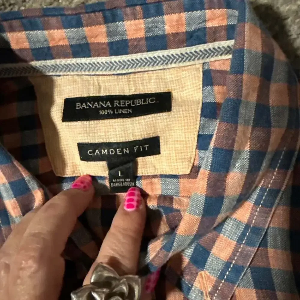 Banana Republic 100% Linen Camden Fit Gingham Plaid Button Down Shirt
